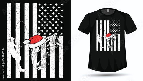 Christmas Fishing American Flag - Distressed Patriotic Angler T-Shirt Design with Santa Hat