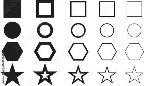 Filename
Geometric Shapes Variety Illustration including Square Circle Hexagon and Star in Varying Line Weigh.eps
