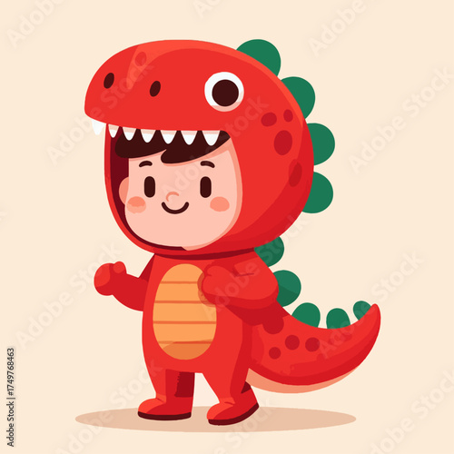 A cute cartoon child with a happy face wearing a vibrant red dinosaur costume with green spikes and an orange belly.