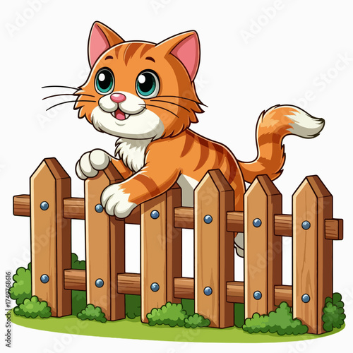 An adorable cartoon orange tabby cat with bright blue eyes peeking over a wooden fence.