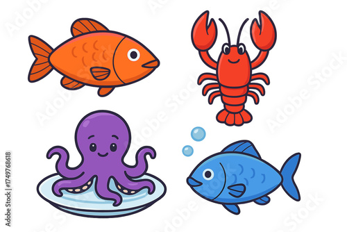 Collection of cute cartoon sea creatures including fish lobster and octopus