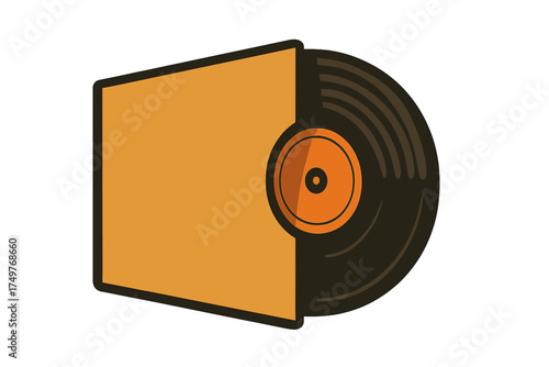 Vinyl record partially emerging from bright orange square sleeve cover