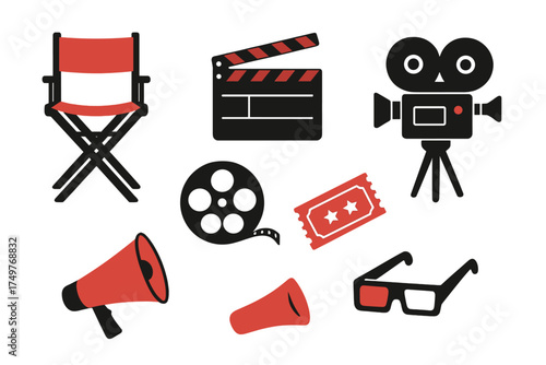 Set of black and red icons for cinema and filmmaking concepts