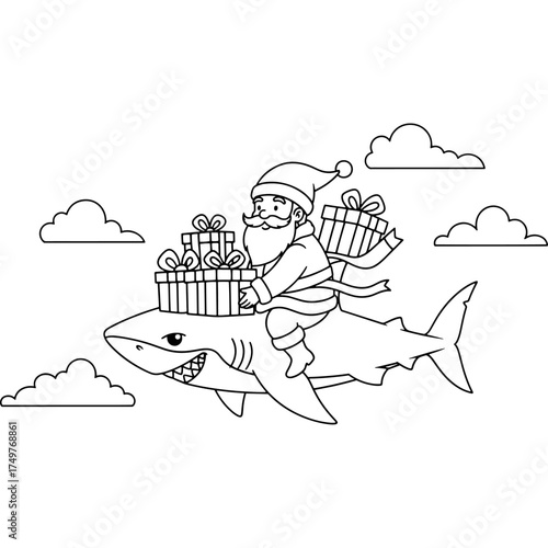 A detailed line art of Santa Claus riding a shark through the clouds in the sky. This simple and attractive design is ideal for preschool and kindergarten children to practice coloring.