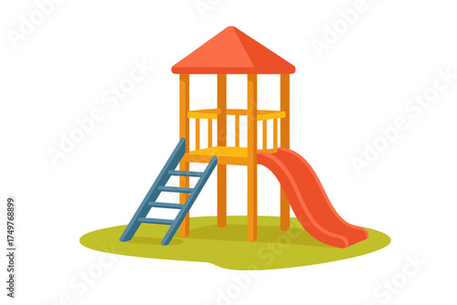 Vibrant playground tower with ladder and curved slide for outdoor recreation