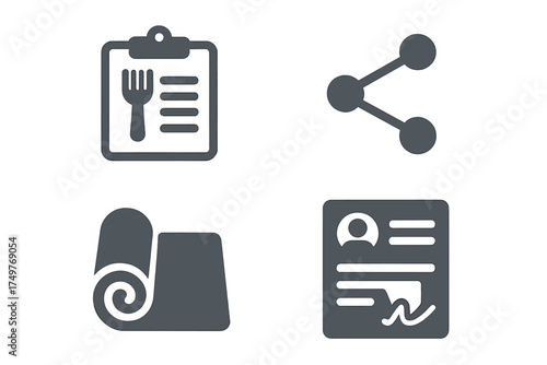 Four dark gray flat icons for food order sharing yoga and document signing