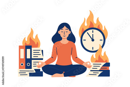 Woman finding inner peace amidst overwhelming work pressure and chaotic deadlines