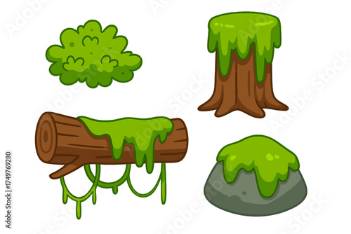 Cartoon jungle game assets featuring mossy environment elements
