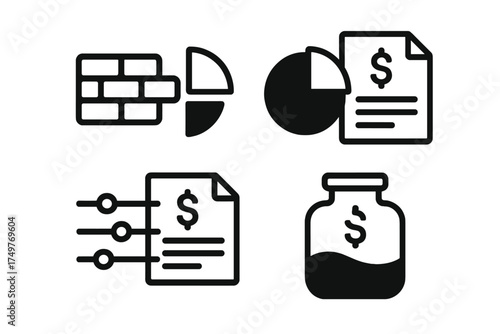 Set of icons for financial planning, investment, budget, and savings concepts