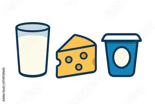 Dairy products icons set with milk glass, cheese wedge, and yogurt container