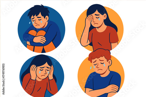 Diverse people icons showing sadness crying and emotional distress
