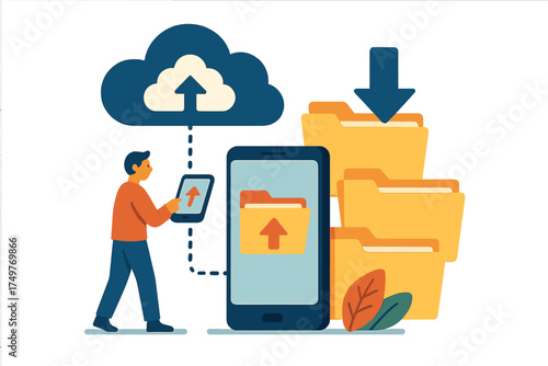 Man uploading digital files from mobile device to secure cloud storage