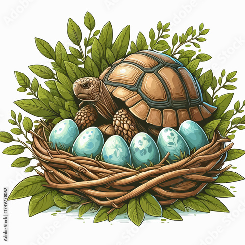 A brown tortoise sits protectively in a rustic nest of branches, surrounded by vibrant green leaves, with several light blue speckled eggs.