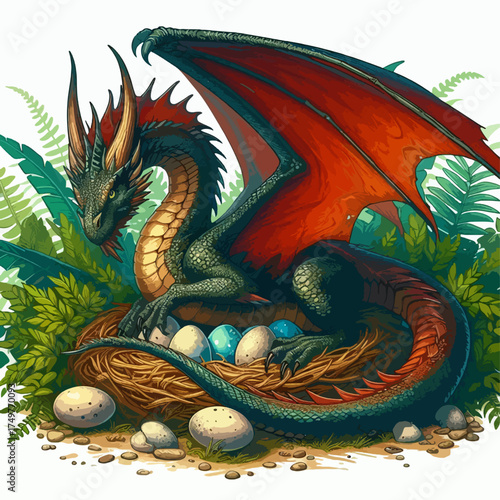 A majestic dark green dragon with vibrant red wings guarding its nest filled with colorful eggs amidst lush green ferns.