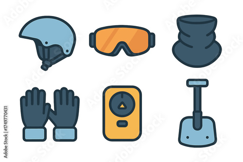 Set of safety equipment icons for winter sports like skiing and snowboarding