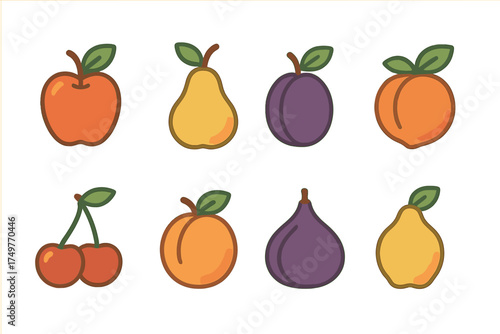Eight colorful fruit icons featuring apple, pear, plum, peach, and cherry