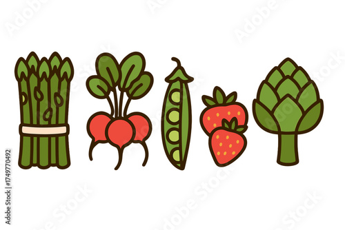 Assortment of fresh spring vegetables and fruit icons