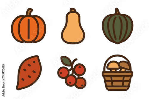 Stylized icons of autumn harvest vegetables and assorted seasonal berries