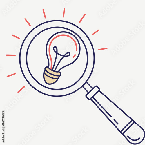 High quality photo illustrating a bright idea under a magnifying glass vector