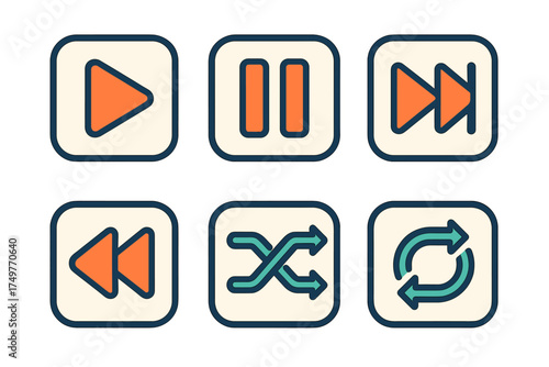 Six retro style media player control icons for audio or video playback