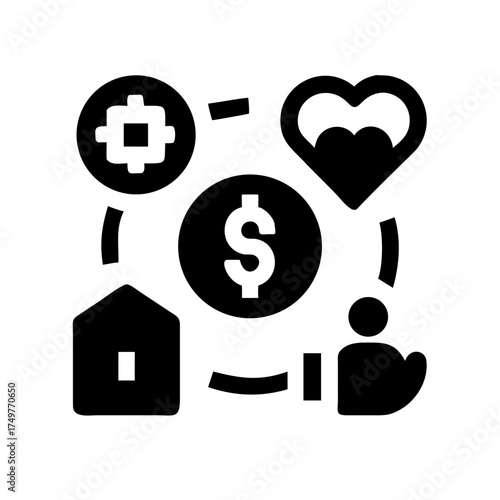Icon depicting financial and social values, including money, home, and love
