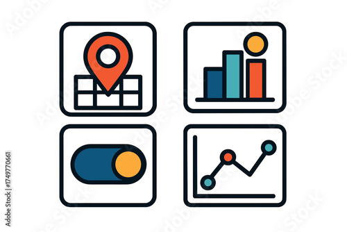 Four colorful icons for business data tracking and interface controls