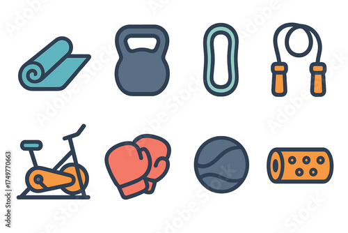 Colorful icons representing various fitness and gym equipment for workout routines