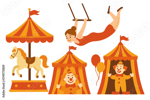 Vibrant collection of circus elements including carousel, trapeze artist, and clowns