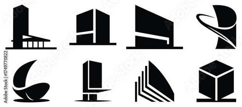 Modern Architecture and Building Design Icons – abstract structure silhouettes, creative city landmark illustration, contemporary urban skyline vector art