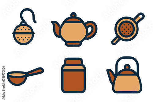 Warm colored icons for tea and coffee preparation accessories