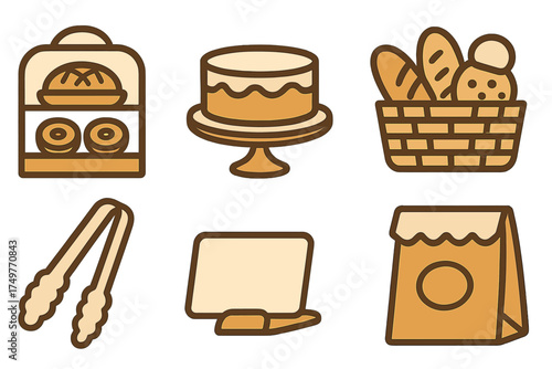 Assortment of bakery items and professional equipment icons in warm color palette