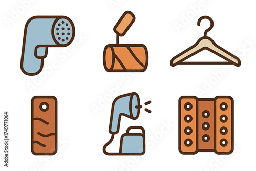 Set of clothing care and laundry icons including steamer, hanger, and dryer