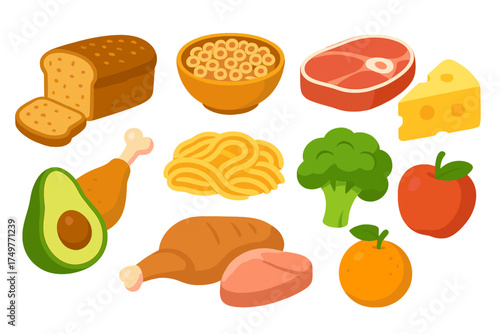 Assortment of staple food groups icons featuring grains and proteins