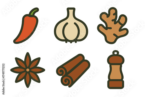 Collection of common cooking spices and seasoning icons featuring chili, garlic, and ginger