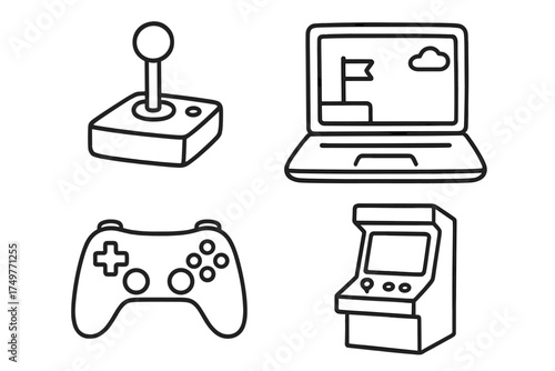 Set of gaming controllers and arcade machine outline icons
