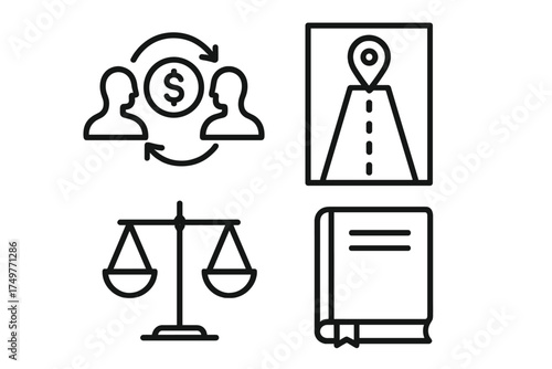 Outline icons for business law and financial concepts