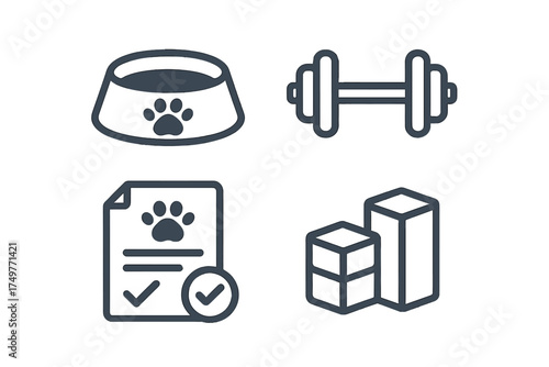 Pet care and fitness concept icons featuring food bowl and dumbbell