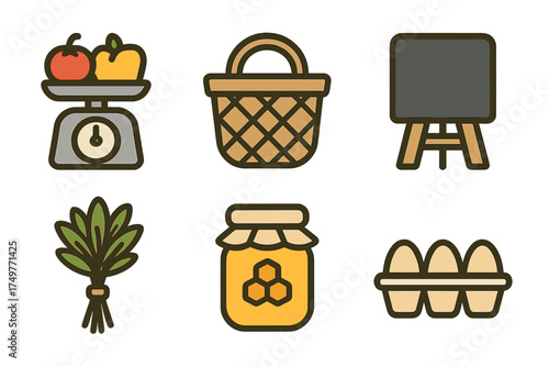 Collection of fresh farm market and harvest food symbols