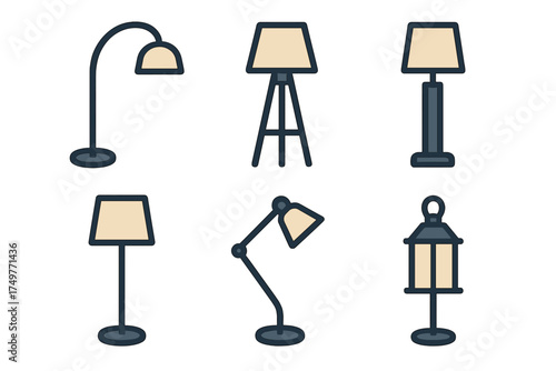 Set of various floor lamps and lighting fixtures icons
