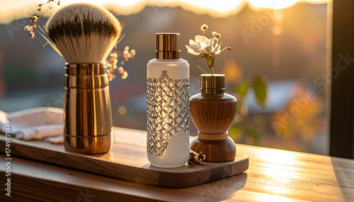 Elegant mens grooming accessories on a wooden tray in golden light.