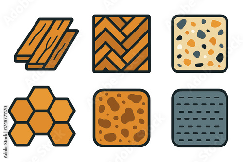 Six flooring and surface texture icons featuring wood plank and tile patterns