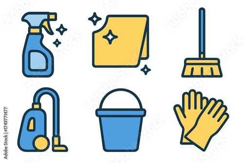 Colorful set of household cleaning tools and supplies icons