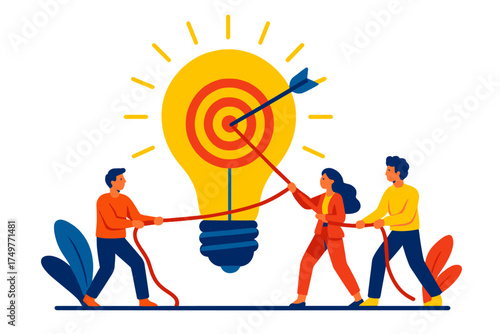 Diverse team pulling rope toward illuminated idea target lightbulb