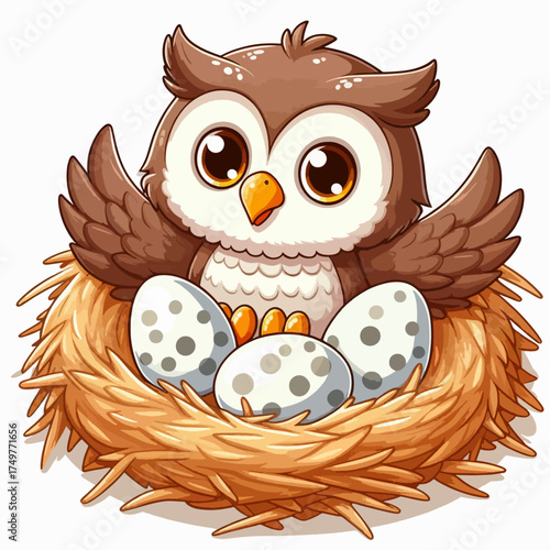A cute cartoon baby owl with big eyes sitting in a straw nest protecting three speckled eggs.