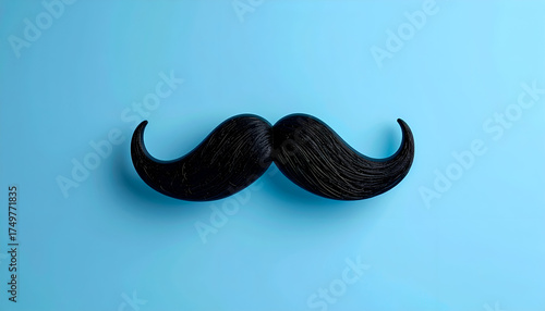 Classic black handlebar mustache accessory on a solid light blue background.