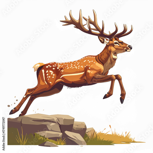 Illustration of a deer jumping over rocks with grass and stones on a white background.