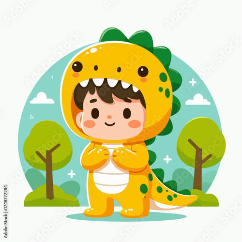 Cute cartoon child dressed in a yellow dinosaur costume standing outdoors with trees.