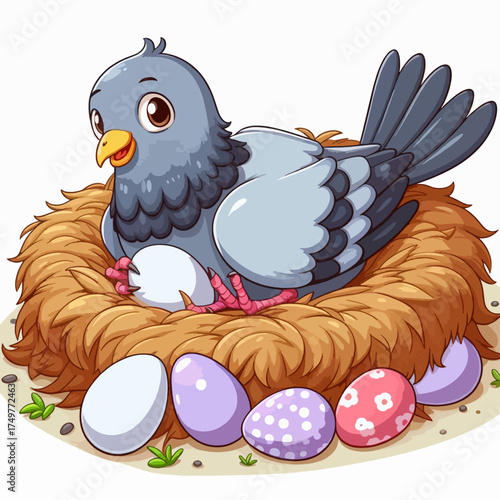A cute cartoon pigeon happily sitting on its cozy nest, surrounded by colorful eggs.