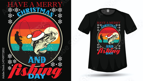 Have a Merry Christmas and Fishing Day - Retro Sunset Angler Holiday T-Shirt Design