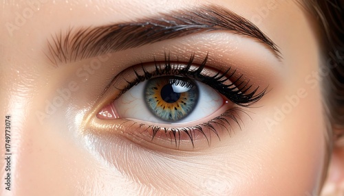 A close-up of a beautifully made-up eye, showing intricate details of the lashes, brow, and iris. Skin tones appear natural and smooth
